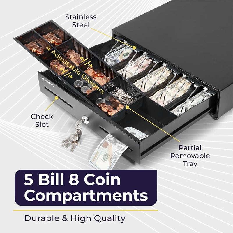 Volcora Manual Push Open Cash Register Drawer with Under Counter Mounting Metal Bracket - 16" Black Front Touch Panel Cash Drawer for POS, Partial Removable 5 Bill 8 Coin Tray, Key-Lock - Image 3