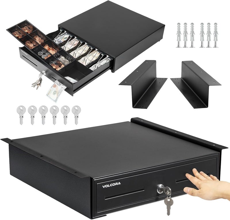 Volcora Manual Push Open Cash Register Drawer with Under Counter Mounting Metal Bracket - 16" Black Front Touch Panel Cash Drawer for POS, Partial Removable 5 Bill 8 Coin Tray, Key-Lock - Image 1
