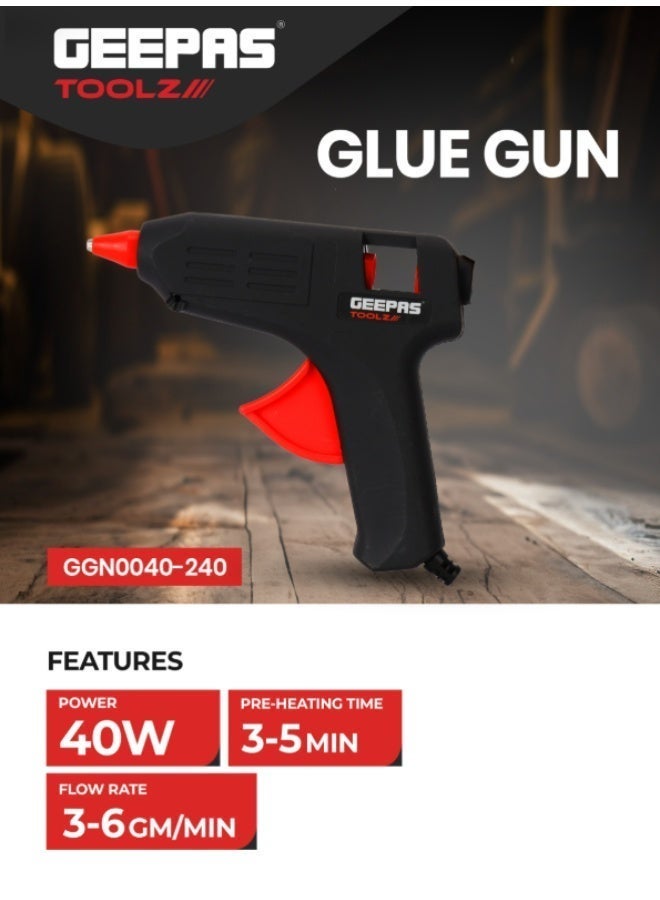 Geepas Glue Gun- GGN0040-240/ 40 W, Quick, Easy, Perfect for Indoor and Outdoor Use/ 3-5 Min Pre-Heating, 3-6 g/min Flow Rate, for Bonding Craft, Woodworking, DIY Repairs, Small Projects Essentials, Etc./ Black and Red - Image 2