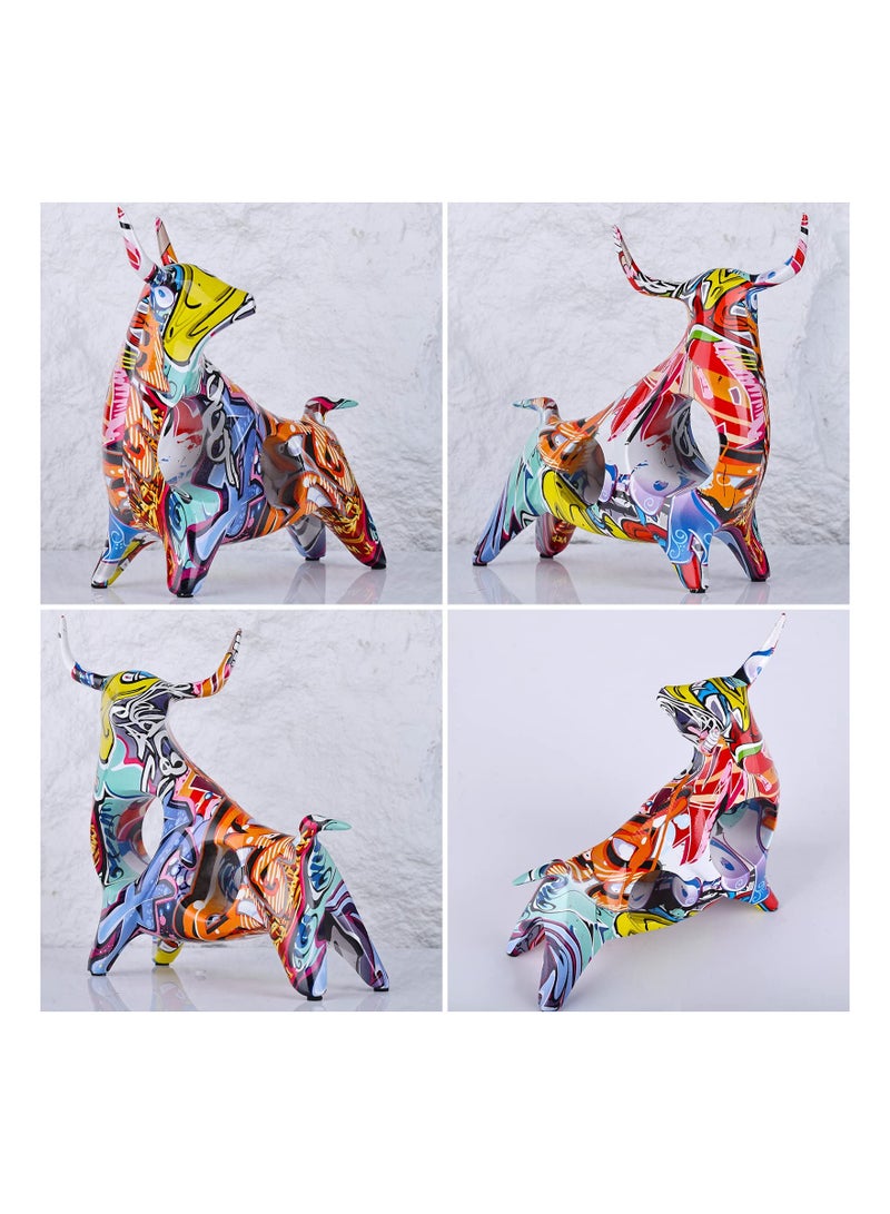 SYOSI Simple Creative Colorful Bull, Abstract Splash Color Artwork, Bullfighting Statue, Nordic Style, Abstract Hollow, Lucky Feng Shui Head Up Cow, Bow Head OX, Chinese Zodiac Statue Crafts (Look up-C) - Image 3