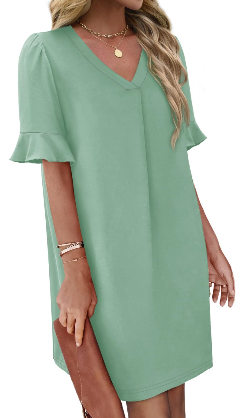 OFEEFAN Sage Green Dress Womens Easter Dress 2026 V Neck Dresses Flattering Ruffle Dresses for Women with Pockets L - Image 3