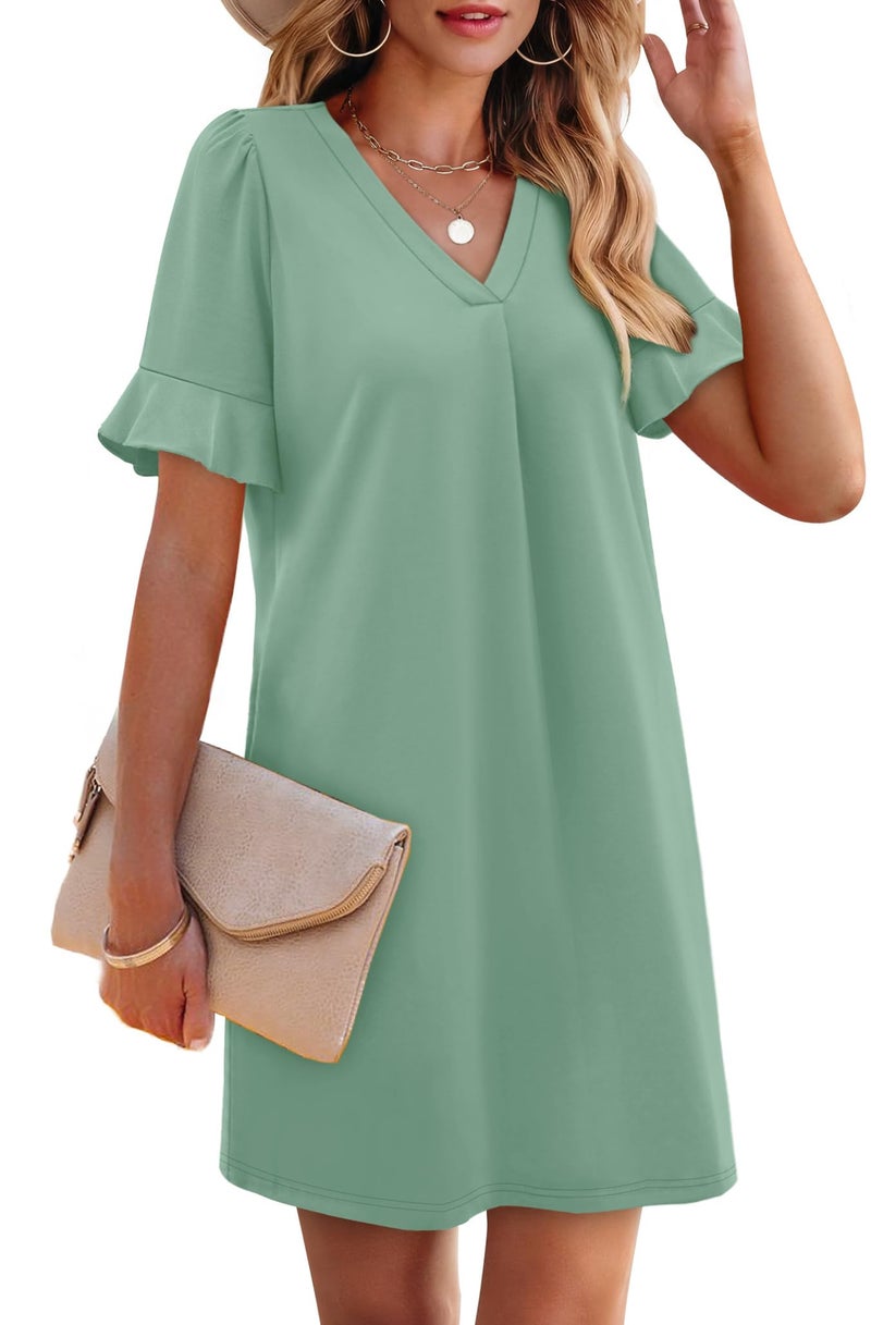 OFEEFAN Sage Green Dress Womens Easter Dress 2026 V Neck Dresses Flattering Ruffle Dresses for Women with Pockets L - Image 4
