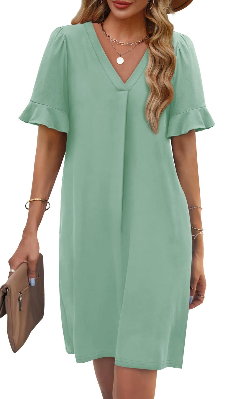 OFEEFAN Sage Green Dress Womens Easter Dress 2026 V Neck Dresses Flattering Ruffle Dresses for Women with Pockets L - Image 2