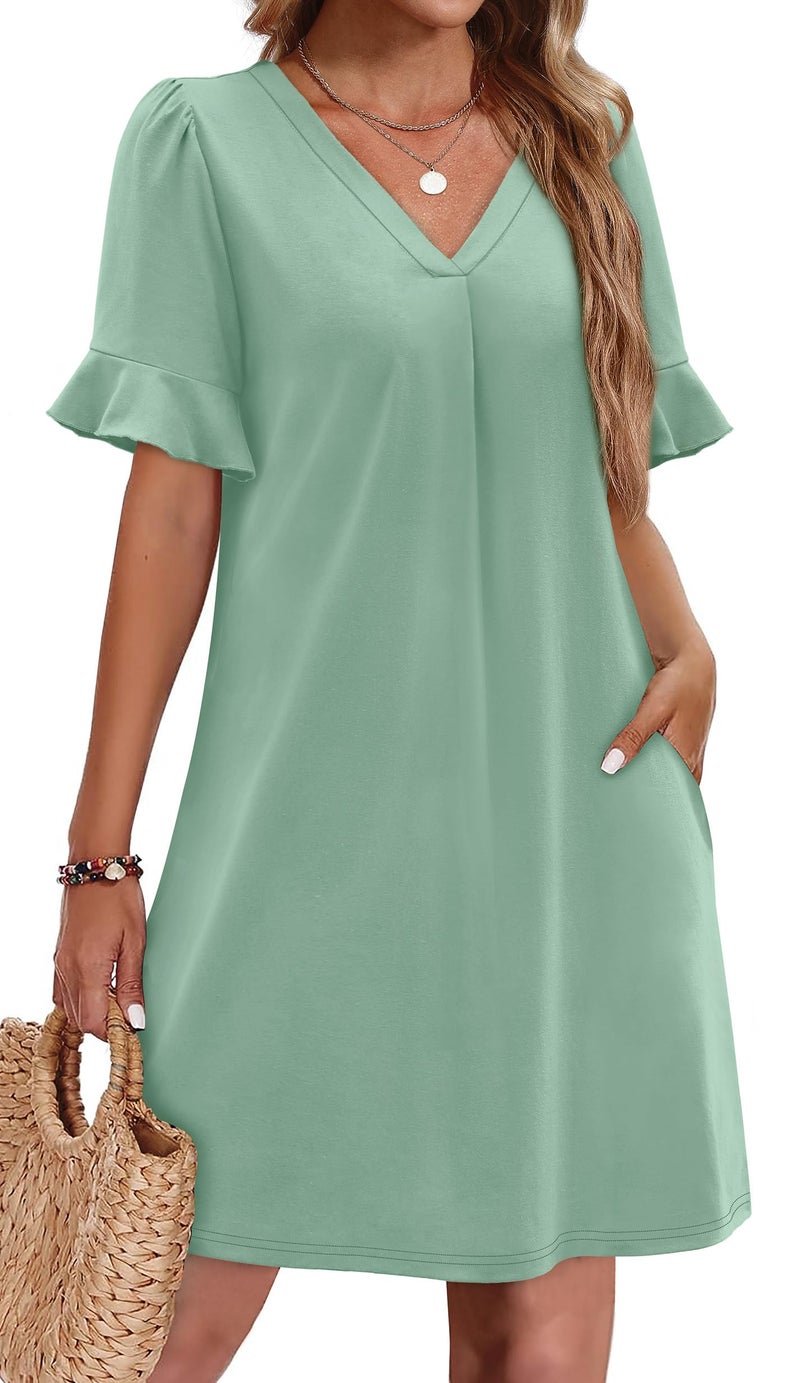 OFEEFAN Sage Green Dress Womens Easter Dress 2026 V Neck Dresses Flattering Ruffle Dresses for Women with Pockets L - Image 1