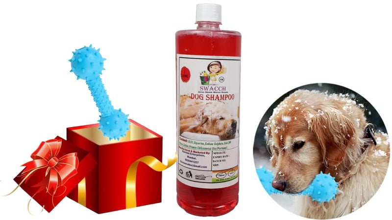 swacch Dog Shampoo + Dumbbell Toy I Durable Rubber Dog Toy for Chewing I Playing,Teeth Cleaning & Training Toy I Combo Pack I 1 Litre Strawberry - Image 1
