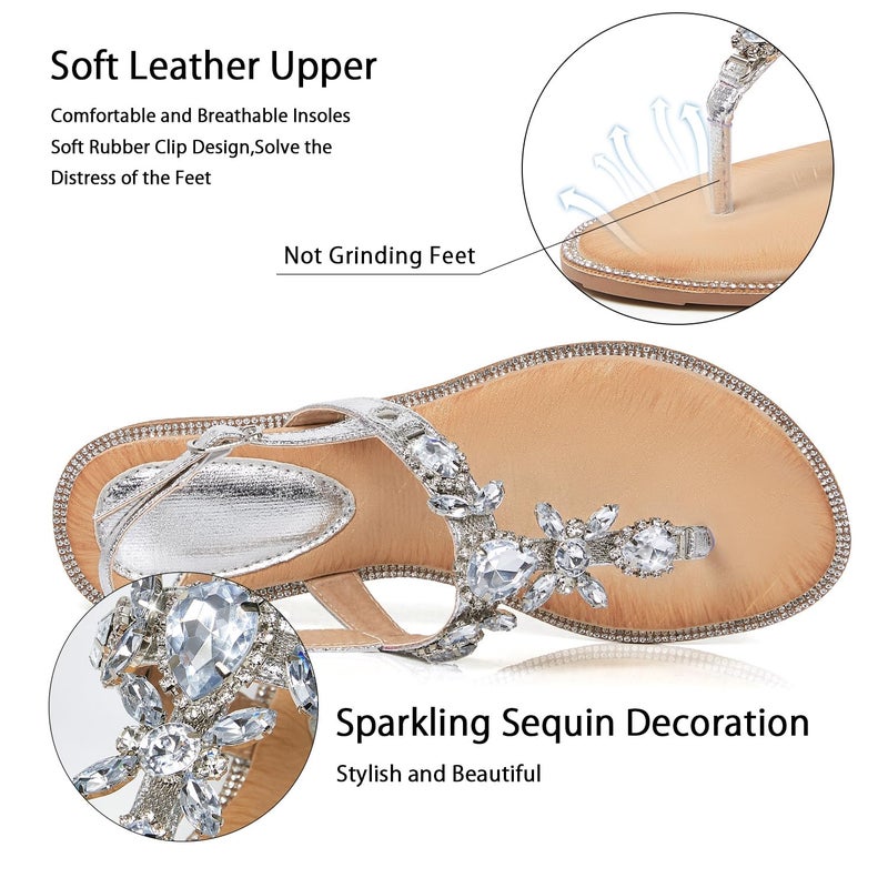 iCKER Women Rhinestone Sandals T-Strap Buckle Bohemian Pearl Crystal Flat Sandals-PD15-Sliver-8.5 - Image 2