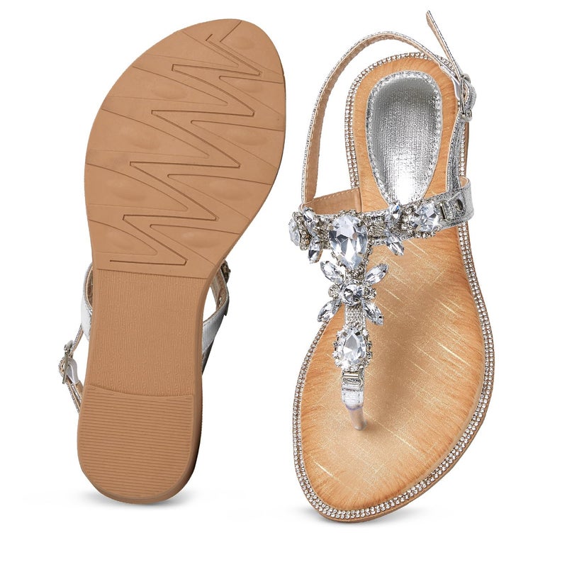 iCKER Women Rhinestone Sandals T-Strap Buckle Bohemian Pearl Crystal Flat Sandals-PD15-Sliver-8.5 - Image 5