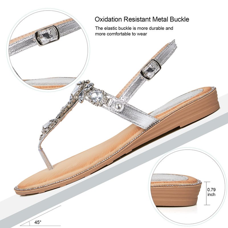 iCKER Women Rhinestone Sandals T-Strap Buckle Bohemian Pearl Crystal Flat Sandals-PD15-Sliver-8.5 - Image 3