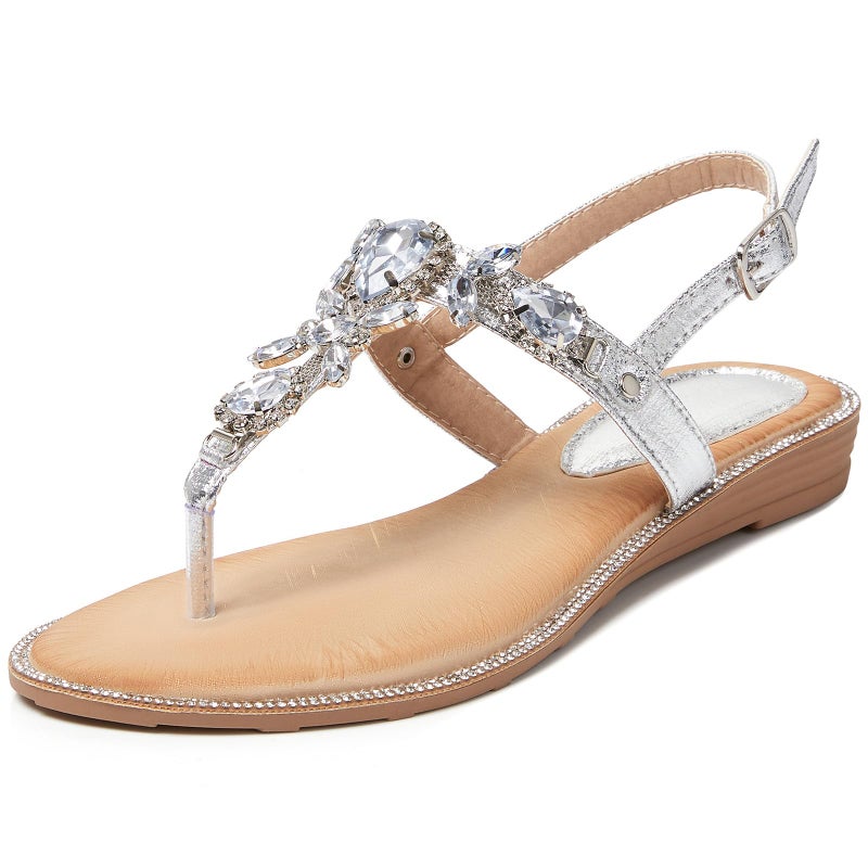 iCKER Women Rhinestone Sandals T-Strap Buckle Bohemian Pearl Crystal Flat Sandals-PD15-Sliver-8.5 - Image 1