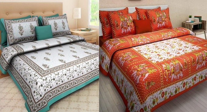 QUEEN SIZE DOUBLE BED SHEET WITH PILLOW COVERS PURE COTTON RAJASTHANI JAIPURI TRADITIONAL PRINTED BEDCOVER SET OF 2 ORANGE AND SEA GREEN