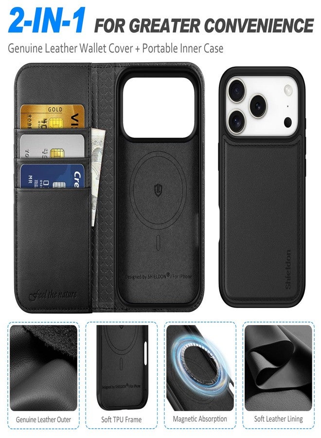 SHIELDON Genuine Leather 2 in 1 Detachable Wallet Case Compatible with iPhone 17 Pro 6.3-inch 5G 2025, Magnetic Wireless Charging, RFID Blocking, Card Holder, Kickstand, Shockproof, Strap Holes- Black - Image 5