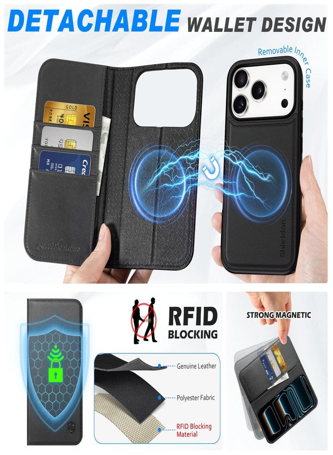 SHIELDON Genuine Leather 2 in 1 Detachable Wallet Case Compatible with iPhone 17 Pro 6.3-inch 5G 2025, Magnetic Wireless Charging, RFID Blocking, Card Holder, Kickstand, Shockproof, Strap Holes- Black - Image 3