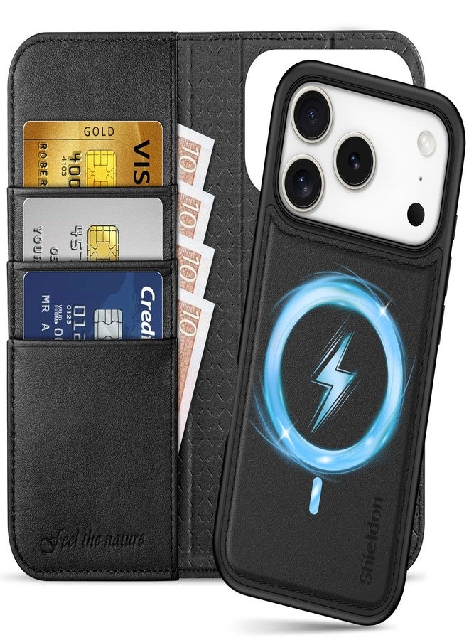 SHIELDON Genuine Leather 2 in 1 Detachable Wallet Case Compatible with iPhone 17 Pro 6.3-inch 5G 2025, Magnetic Wireless Charging, RFID Blocking, Card Holder, Kickstand, Shockproof, Strap Holes- Black - Image 1