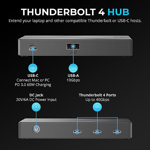 SABRENT Thunderbolt 4 Hub 60W Charging USBC Dock for Laptops 3X TB4 1x USBA Supports Dual 4K60Hz or 8K60Hz Display Certified TB4 Cable macOSWindows Compatible HBTBT4 - Image 3