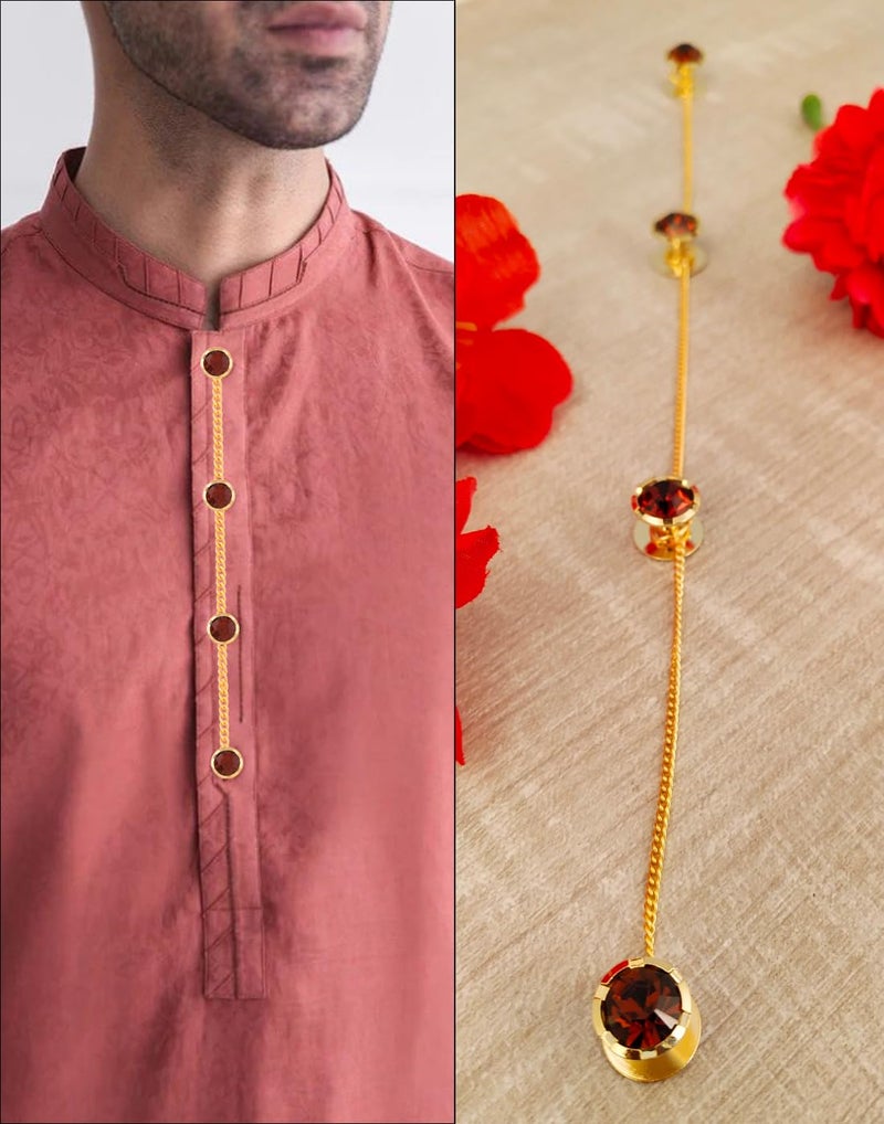 VAMA Original Round Gold Plated Kurta Buttons Studs Cufflinks With Chain for Men & Women - Image 2