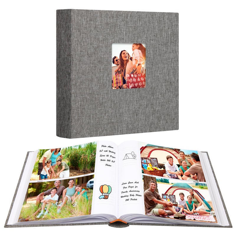 Aevdor 240 Pockets Photo Photo Album 5x7 مع مساحة كتابة كبيرة السعة 5x7 ألبوم صور يحمل 240 صورة غلاف الكتان حمض الصفحات الحرة 5x7 كتاب الصور مع ملاحظات لالتقاط صور عائلة الطفل (رمادي) - Image 1