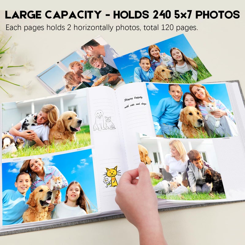 Aevdor 240 Pockets Photo Photo Album 5x7 مع مساحة كتابة كبيرة السعة 5x7 ألبوم صور يحمل 240 صورة غلاف الكتان حمض الصفحات الحرة 5x7 كتاب الصور مع ملاحظات لالتقاط صور عائلة الطفل (رمادي) - Image 2