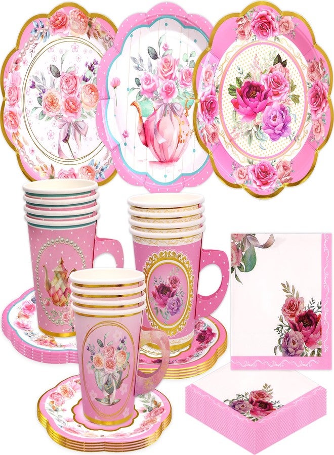 Worldbazaar Tea Party Disposable Tableware Set Tea Party Supplies 12 Sets Pink Floral Paper Tea Cups and Saucers Plates Napkins Tablecloth Pink Birthday Table Decorations Women Girls Adults - Image 2