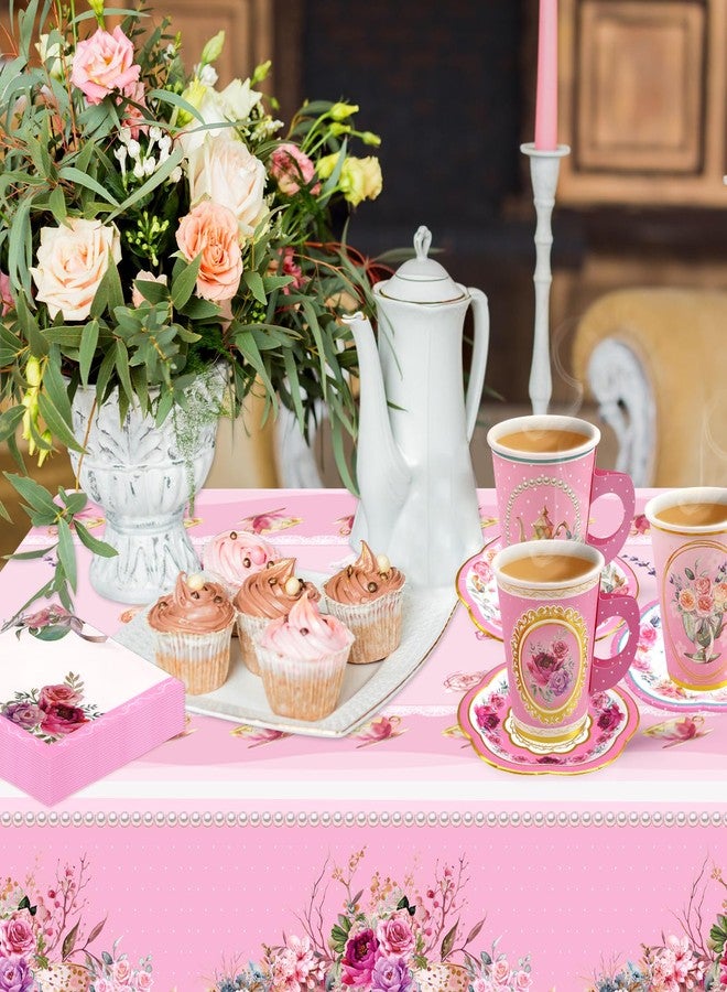 Worldbazaar Tea Party Disposable Tableware Set Tea Party Supplies 12 Sets Pink Floral Paper Tea Cups and Saucers Plates Napkins Tablecloth Pink Birthday Table Decorations Women Girls Adults - Image 4