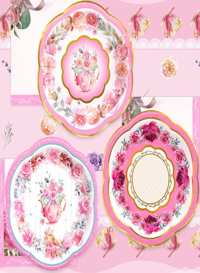 Worldbazaar Tea Party Disposable Tableware Set Tea Party Supplies 12 Sets Pink Floral Paper Tea Cups and Saucers Plates Napkins Tablecloth Pink Birthday Table Decorations Women Girls Adults - Image 5