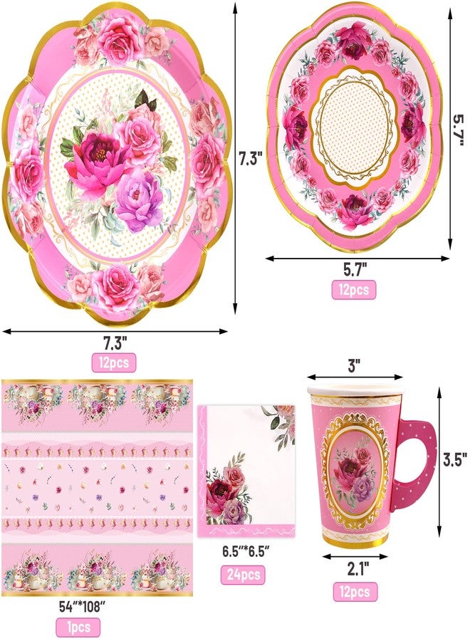 Worldbazaar Tea Party Disposable Tableware Set Tea Party Supplies 12 Sets Pink Floral Paper Tea Cups and Saucers Plates Napkins Tablecloth Pink Birthday Table Decorations Women Girls Adults - Image 3