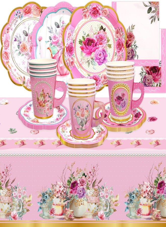 Worldbazaar Tea Party Disposable Tableware Set Tea Party Supplies 12 Sets Pink Floral Paper Tea Cups and Saucers Plates Napkins Tablecloth Pink Birthday Table Decorations Women Girls Adults - Image 1