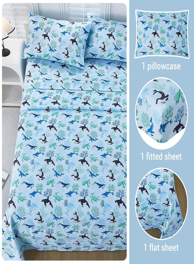 Viviland 3 Pieces Boys Blue Ocean Twin Sheet Set - Soft Microfiber Fitted Flat Sheets & Pillowcase - Blue Ocean Whales, Sea Turtles, Marine Organisms Bedding Sets - for Kids & Toddlers - Image 2
