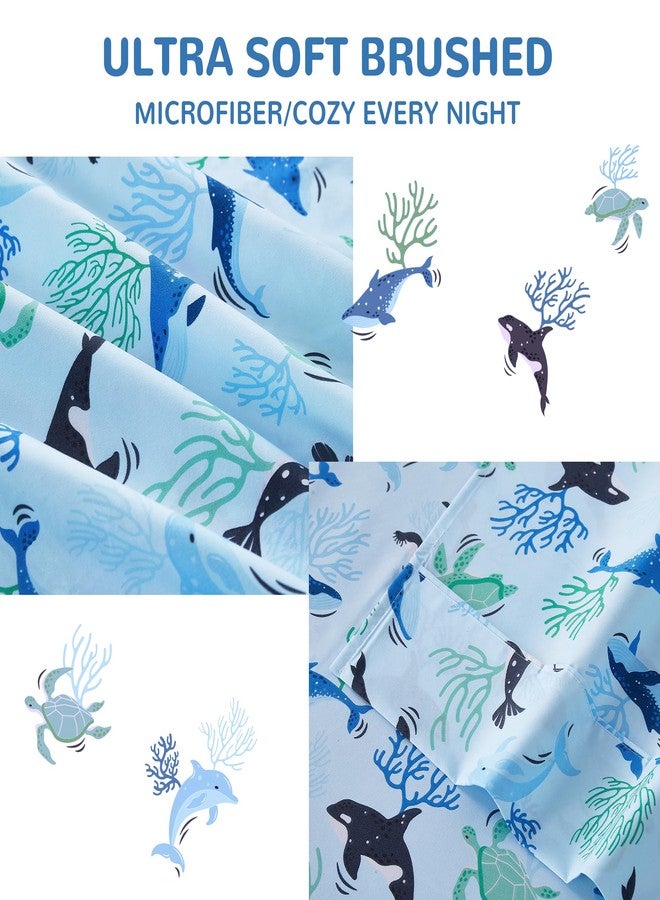 Viviland 3 Pieces Boys Blue Ocean Twin Sheet Set - Soft Microfiber Fitted Flat Sheets & Pillowcase - Blue Ocean Whales, Sea Turtles, Marine Organisms Bedding Sets - for Kids & Toddlers - Image 4