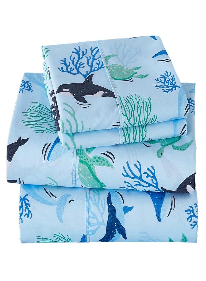 Viviland 3 Pieces Boys Blue Ocean Twin Sheet Set - Soft Microfiber Fitted Flat Sheets & Pillowcase - Blue Ocean Whales, Sea Turtles, Marine Organisms Bedding Sets - for Kids & Toddlers - Image 1