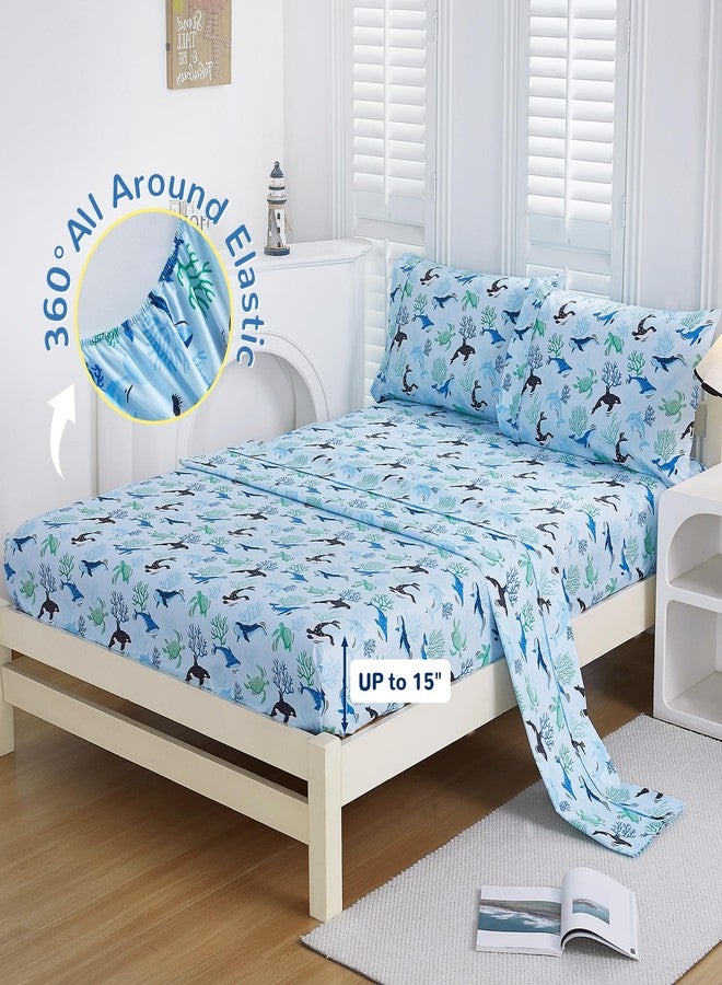 Viviland 3 Pieces Boys Blue Ocean Twin Sheet Set - Soft Microfiber Fitted Flat Sheets & Pillowcase - Blue Ocean Whales, Sea Turtles, Marine Organisms Bedding Sets - for Kids & Toddlers - Image 5