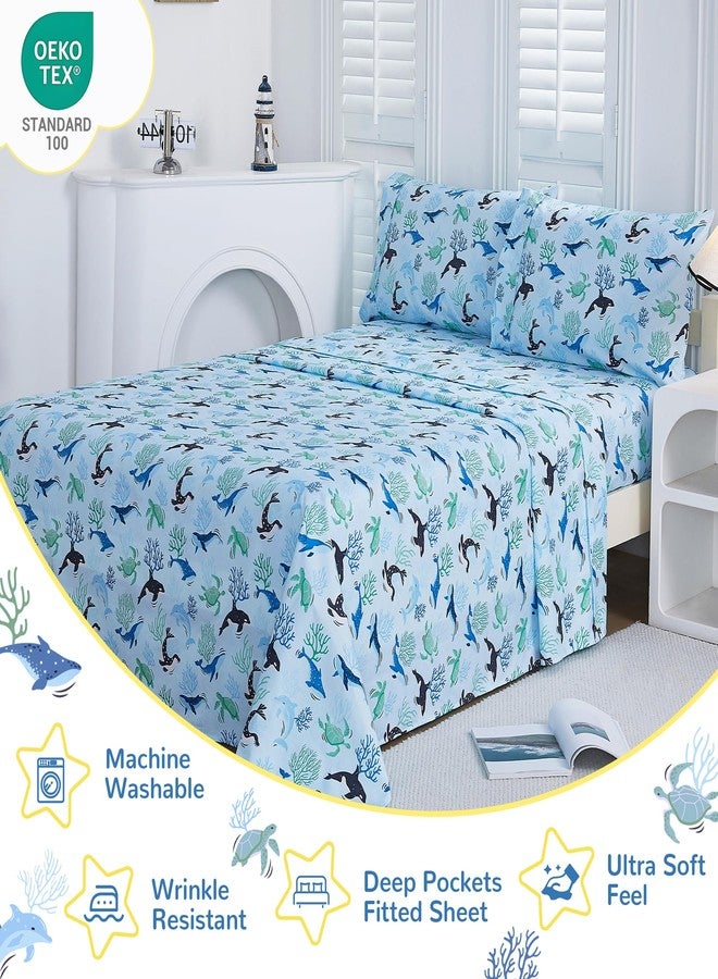Viviland 3 Pieces Boys Blue Ocean Twin Sheet Set - Soft Microfiber Fitted Flat Sheets & Pillowcase - Blue Ocean Whales, Sea Turtles, Marine Organisms Bedding Sets - for Kids & Toddlers - Image 3