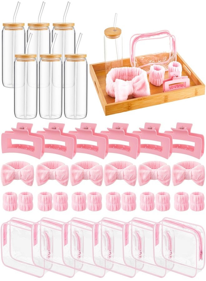 FoldTier 36 Pcs Gifts Bulk for Christmas Spa Sleepover Party Favors Include 16oz Glass Cups Pink Headbands, Wristbands, Hair Claw Clips and Clear Cosmetic Bag for Women Slumber Weekend Party Gifts - Image 1