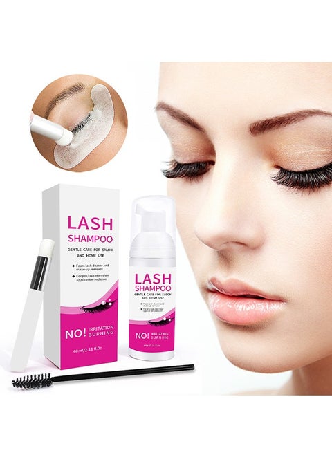Lash Shampoo, Foam Lash Deaner and Make Up Remover, Lash Cleaning Kit, Mousse Eyelash Shampoo for Eyelash Extensions, Relieve Itching, Gentle Care for Salon and Home Use  (60ml+Brush+Mascara Wand)