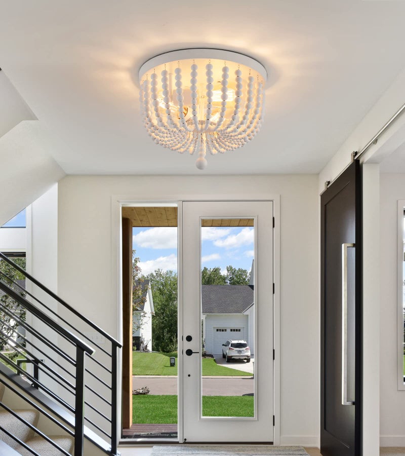 QS Q&S White Boho Beaded Chandeliers Flush Mount Ceiling Light,3-Lights Small Chandelier Light Fixture for Bedroom,Kitchen,Dining Room,Living Room,Stairway Gazebo - Image 5
