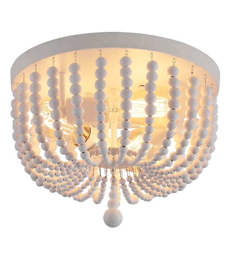 QS Q&S White Boho Beaded Chandeliers Flush Mount Ceiling Light,3-Lights Small Chandelier Light Fixture for Bedroom,Kitchen,Dining Room,Living Room,Stairway Gazebo - Image 1