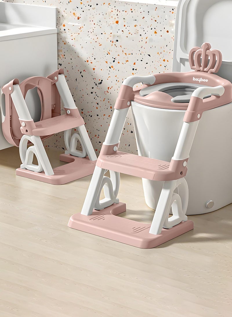 BAYBEE Royal Baby Potty Seat for Kids With Ladder For Western Toilets Kids Toilet Potty Training Seat For Baby With Handle Cushion Kids Potty Chair Kids Potty Seat For Baby Kids 1 To 10 Years Boy Girl Pink - Image 1