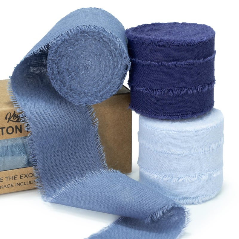 Keypan Blue Ribbon 1-1/2 Inch x 15 Yards Handmade Cotton Frayed Fringe Fabric Ribbons for Crafts Flower Bouquets Wedding Baby Shower Home DIY Decor - Image 1