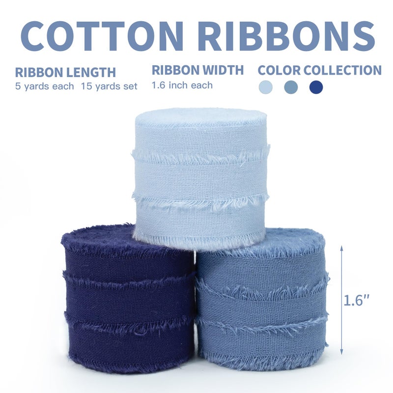 Keypan Blue Ribbon 1-1/2 Inch x 15 Yards Handmade Cotton Frayed Fringe Fabric Ribbons for Crafts Flower Bouquets Wedding Baby Shower Home DIY Decor - Image 2