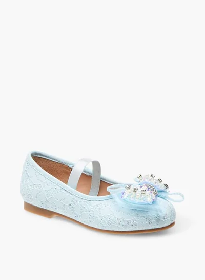 JUNIORS Girls Lace Textured Bow Ballerina Shoes With Elasticated Strap