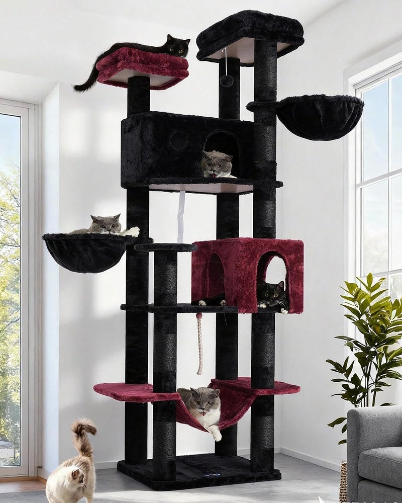 Tall Cat Tree, Large Cat Tower for Adult Cats, 80.7'' (205cm) Heavy-Duty Cat Tree House for Indoor Cats 20 lbs+ with Scratching Posts, 2 Top Perches/Condos, Hammcok, Black(Gothic) GCT034BR - Image 1