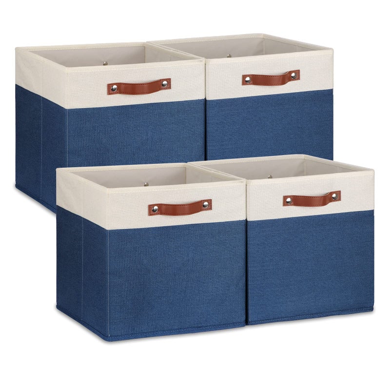 Temary Fabric Storage Bins for Cube Organizer 4 Pack Cube Storage Bins 13 Storage Cubes for Shelves Storage Baskets for Organizing Books Clothes Towels White  Blue 13x13x13 Inch