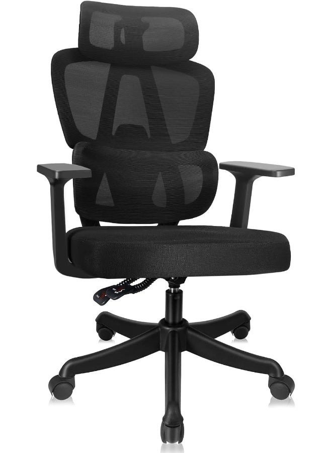 SKY-TOUCH كرسي مكتب إيرغونوميكي SKY-TOUCH، كرسي دوار مع دعم قَطني قابل للتعديل، مسند رأس ومساند ذراع ثلاثية الأبعاد، ارتفاع قابل للتعديل ووظيفة اهتزاز، كرسي مكتب صديق للظهر 150 كجم/330 رطل أسود - Image 1