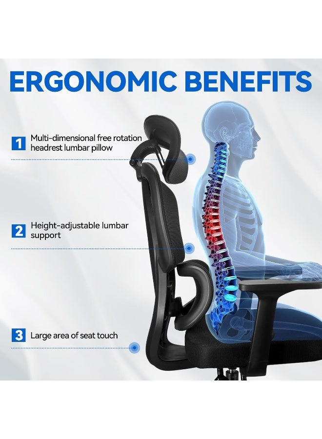 SKY-TOUCH كرسي مكتب إيرغونوميكي SKY-TOUCH، كرسي دوار مع دعم قَطني قابل للتعديل، مسند رأس ومساند ذراع ثلاثية الأبعاد، ارتفاع قابل للتعديل ووظيفة اهتزاز، كرسي مكتب صديق للظهر 150 كجم/330 رطل أسود - Image 5