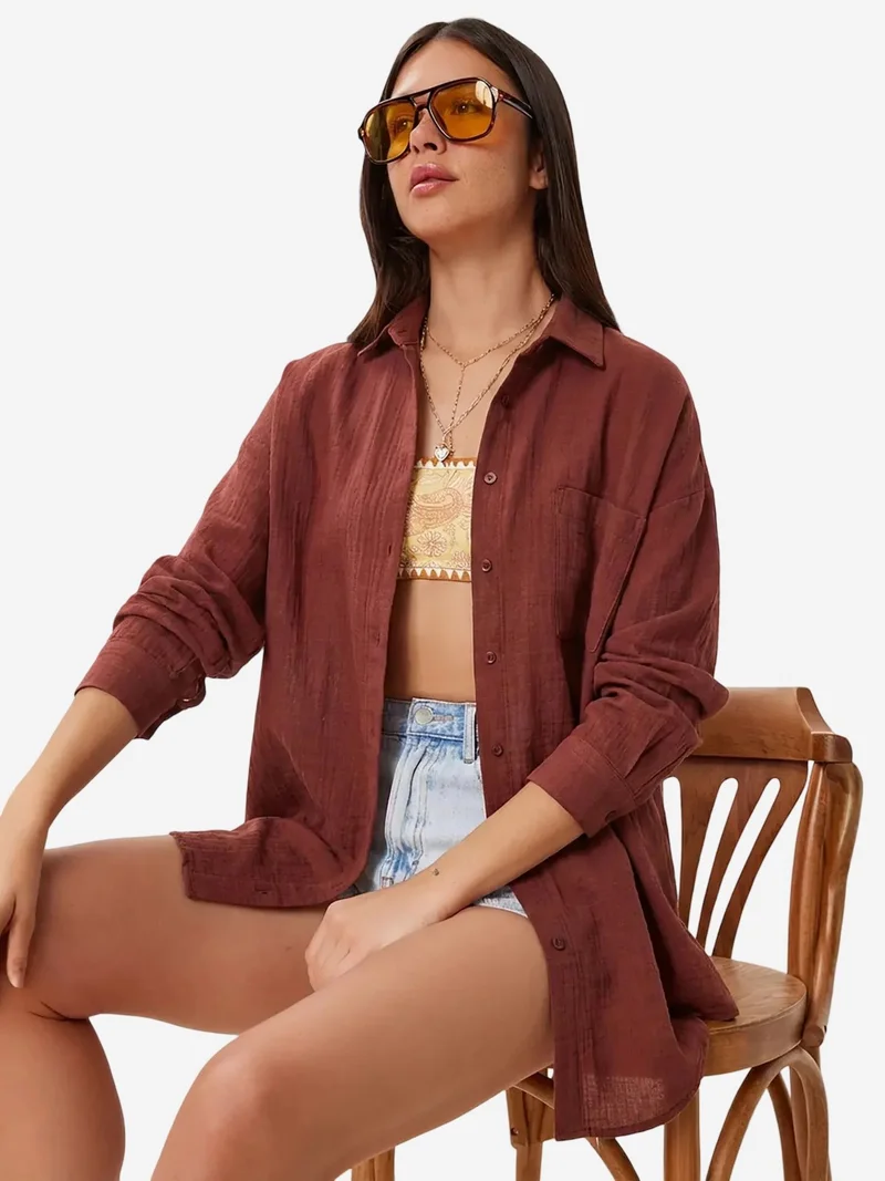 السعادة في إسطنبول ISTANBUL Oversized Textured Cotton Shirt with Pocket