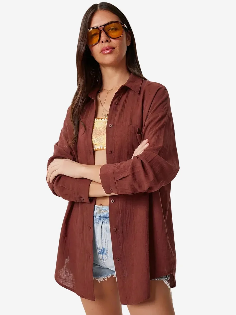 Happiness İstanbul ISTANBUL Oversized Textured Cotton Shirt with Pocket
