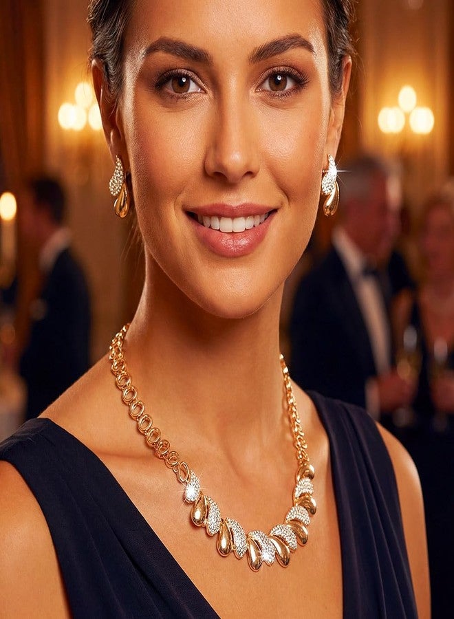 Aukmla Gold Rhinestone Jewelry Set Sparkly Necklace Earrings Sets Prom Costume Jewelry for Women (Gold) - Image 3