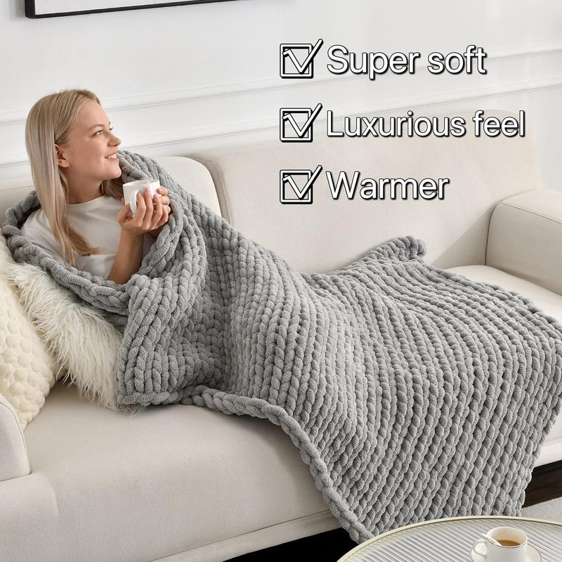 Maetoow Tighter Version Chenille Chunky Knit Blanket Throw （40×50 Inch）, Handmade Warm & Cozy Blanket Couch, Bed, Home Decor, Soft Fleece Banket, Boho Thick Blankets and Giant Yarn Throws，Light Grey - Image 3