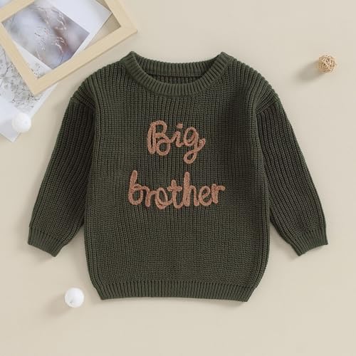 Dcohmch Big Brother Little Brother Matching Outfits Letter Embroidery Knit Sweater Shirt Baby Boy Winter Warm Clothes (Army Green Big Bro, 18-24 Months) - Image 2