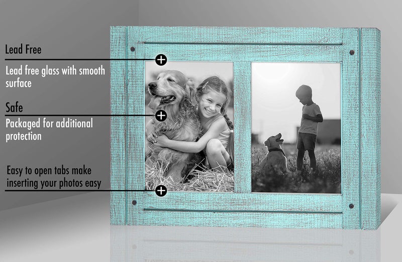 Americanflat Hinged 5x7 Double Picture Frame with 2 Photo Openings and Polished Glass - Distressed Wood Collage Picture Frames for Tabletop and Wall Display - Hampton Collection - Turquoise Blue - Image 2
