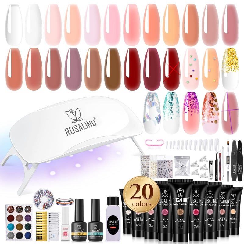 ROSALIND Poly Nail Gel Kit -20 Colors + 76 Nail Art Accessories kit Clear Nude Poly Nails Gel Kit Starter Kit With Slip Solution Pro Nude Pink Nail Extensions Gel Set with Mini UV Lamp - Image 1